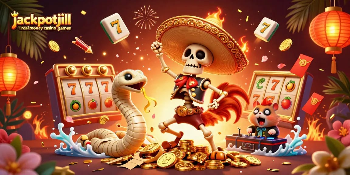 Experience the excitement of jackpotjill real money casino games with a vibrant 3D illustration featuring animated characters and casino elements.