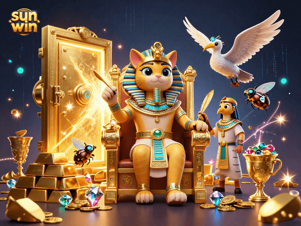 Win big at Sun Win with a vibrant scene depicting an Egyptian pharaoh cat surrounded by gold treasures and dynamic gaming elements.