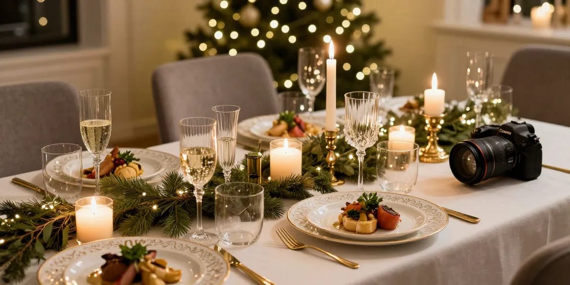 Exklusiv nyårsmeny på elegant dukat bord med festliga detaljer.