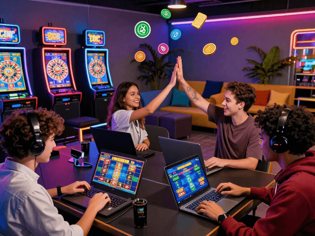 Exciting crypto casino atmosphere with players engaging in digital games, showcasing vibrant visuals and virtual currency.