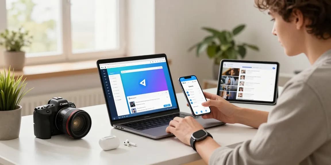 Download Telegram on various devices illustrating seamless communication in a modern workspace.