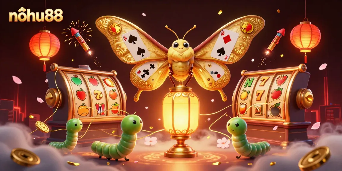 Experience the excitement of nohu88 with vibrant slot reels, golden moths, and casino scenes.