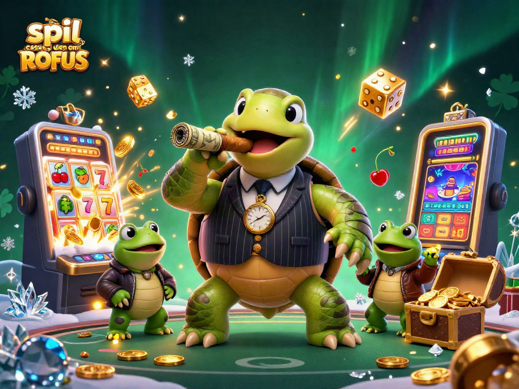 Win at spil casino uden om ROFUS with giant slot machine and vibrant casino-themed characters.