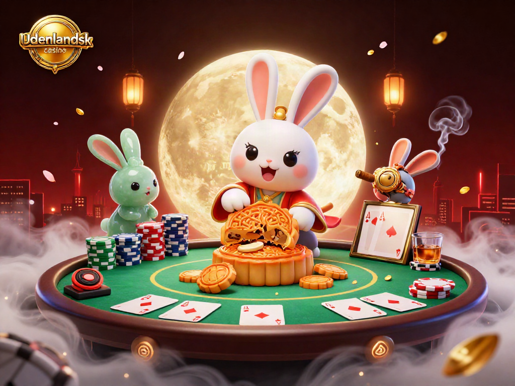 Engage with udenlandsk casino in a vibrant poker scene featuring a folklore moon rabbit illustration.