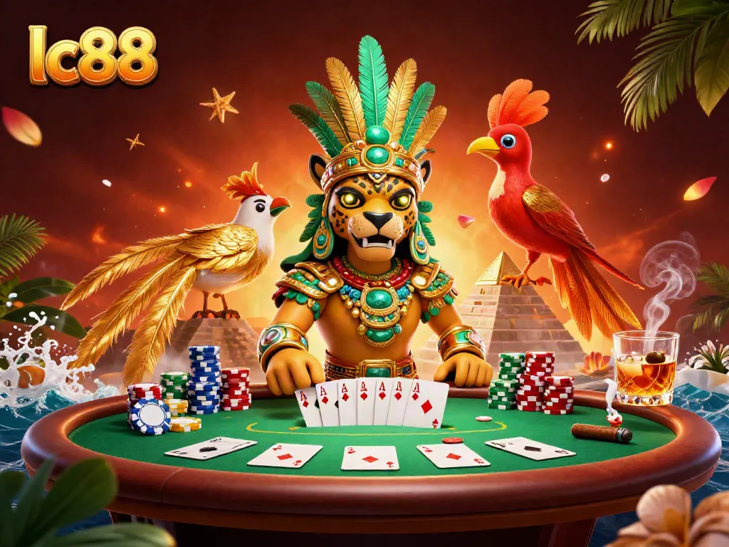 Engage with lc88's thrilling poker scene featuring a Mayan jaguar priest amidst colorful chips and cards.
