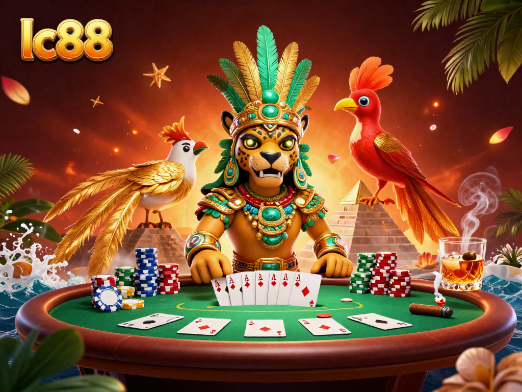 Engage with lc88's thrilling poker scene featuring a Mayan jaguar priest amidst colorful chips and cards.
