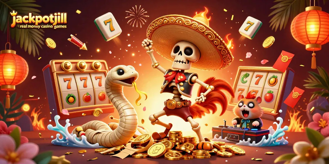 Experience the excitement of jackpotjill real money casino games with a vibrant 3D illustration featuring animated characters and casino elements.
