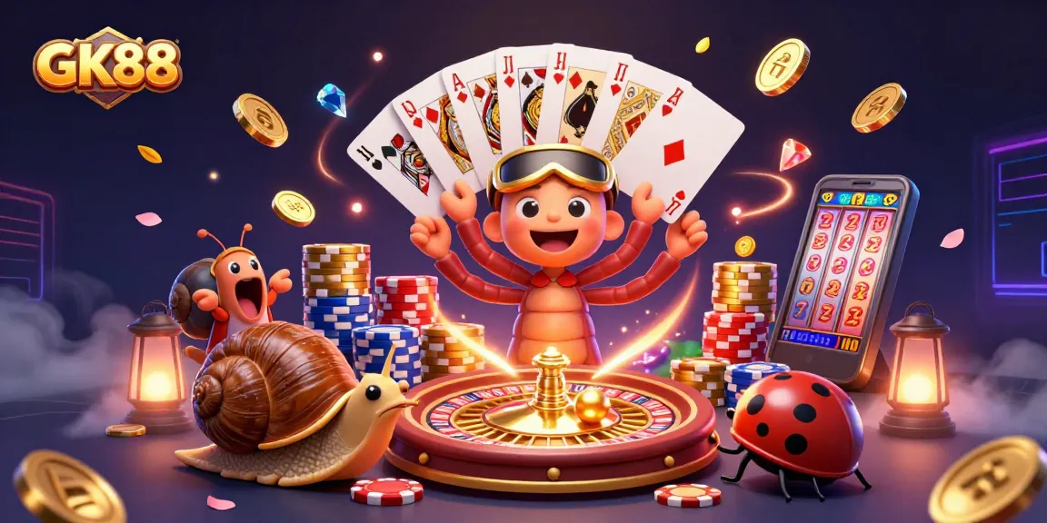Experience excitement with GK88's vibrant casino scene, showcasing thrilling games and colorful characters.