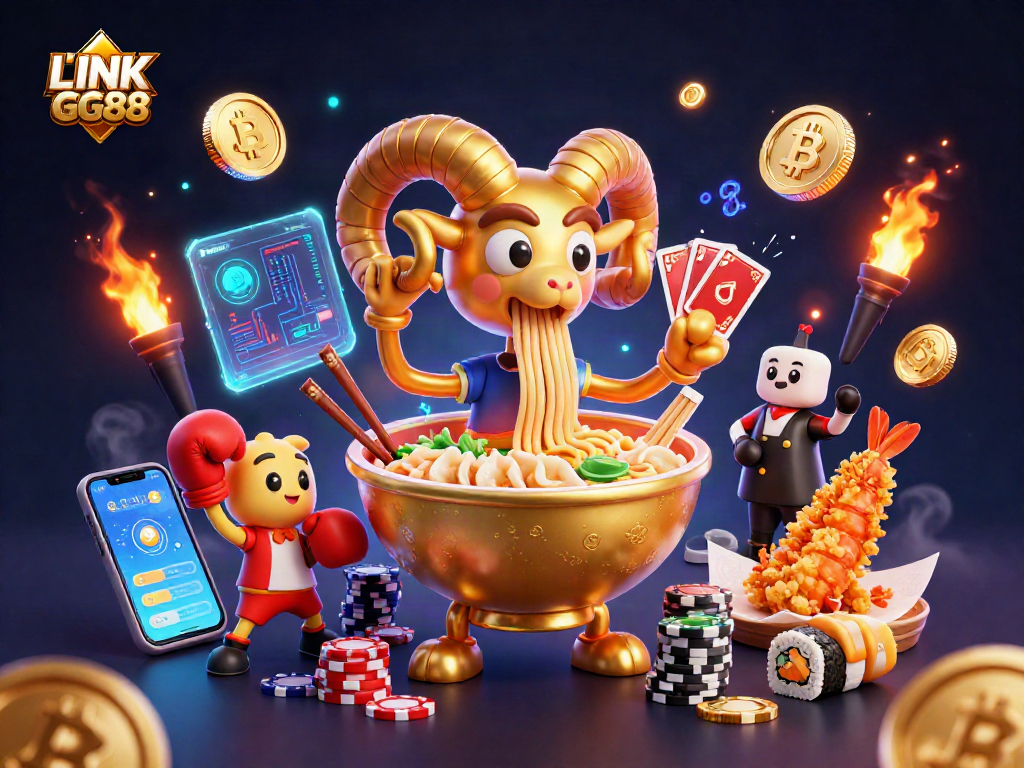 Engage with the excitement of LINK GG88 featuring a vibrant scene of animated casino characters and crypto elements.