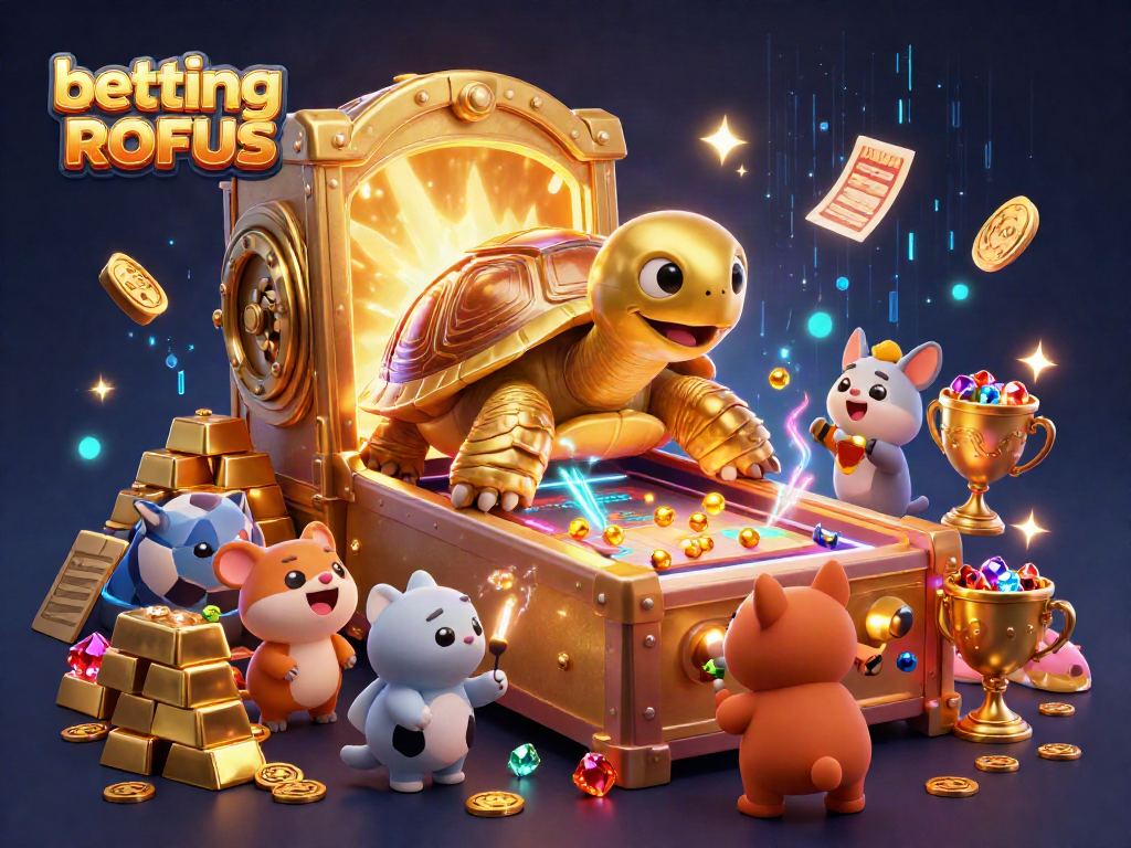 Engage in betting uden om ROFUS with a lively cartoon illustration of a tortoise pinball machine amidst treasure and sports betting elements.