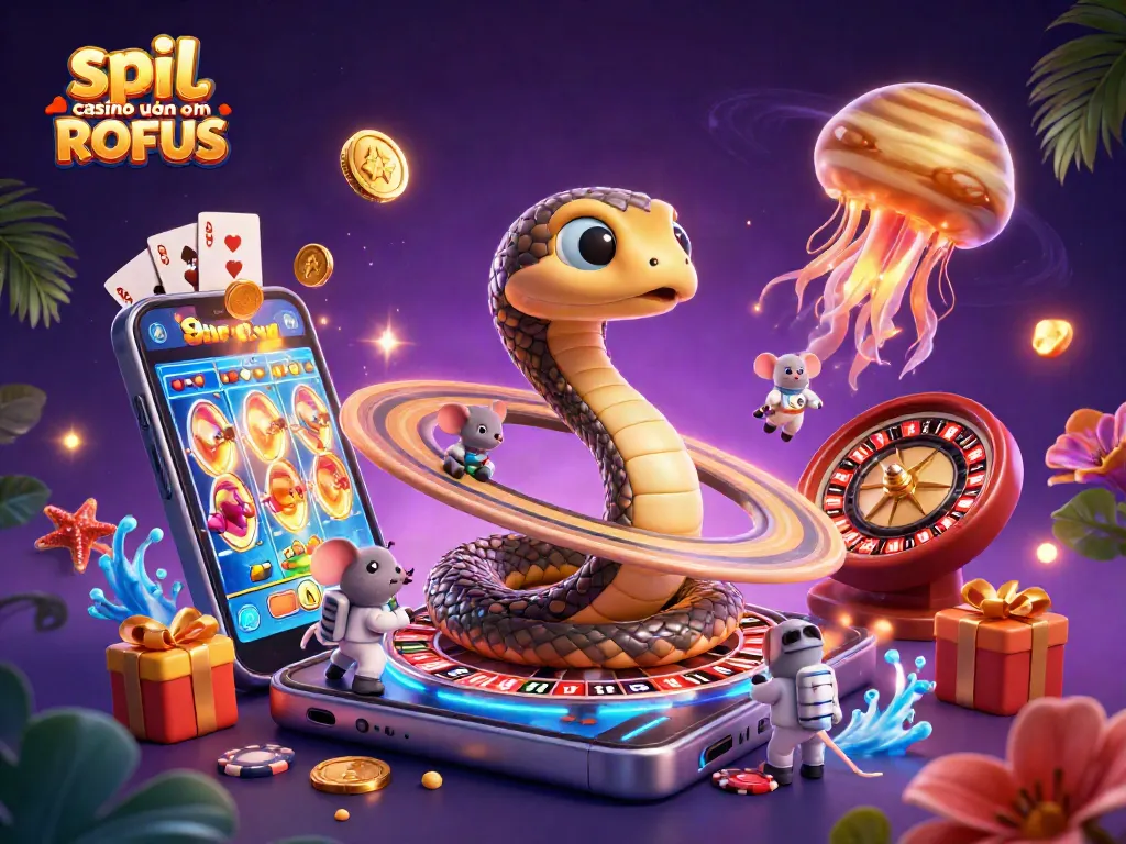 Engage with spil casino uden om ROFUS in a vivid cosmic betting scene featuring animated characters and casino elements.