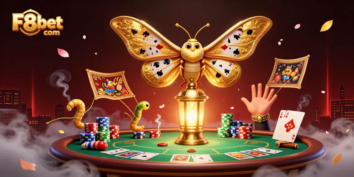 Engage with F8bet com and experience vibrant casino scenes with unique moth illustrations.