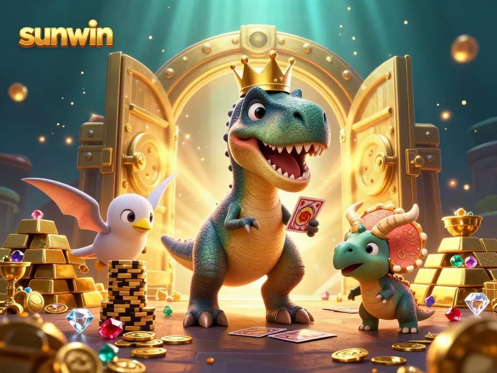 Sunwin's T-Rex deals cards in a vibrant casino scene full of gold and jewels.