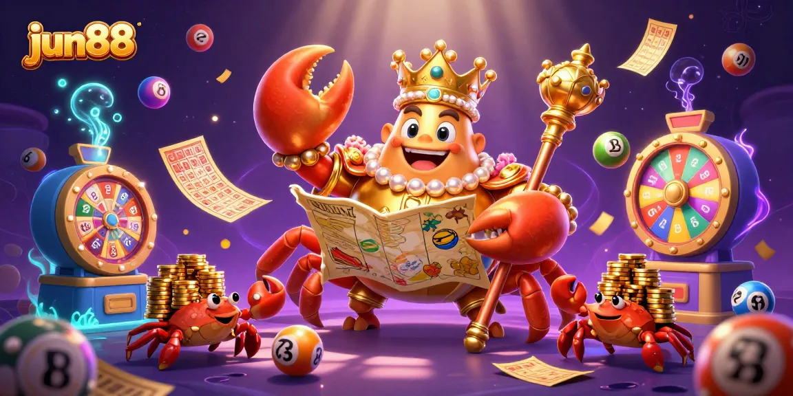 Jun88 offers thrilling lottery adventures with a golden crab emperor amidst vibrant game elements.