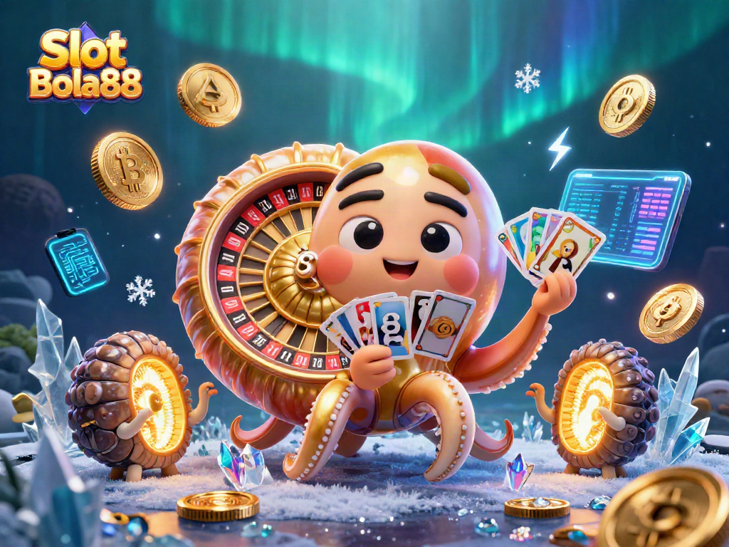 Experience the thrilling action of Slot Bola88 with a dazzling nautilus roulette wheel and glowing crypto coins.