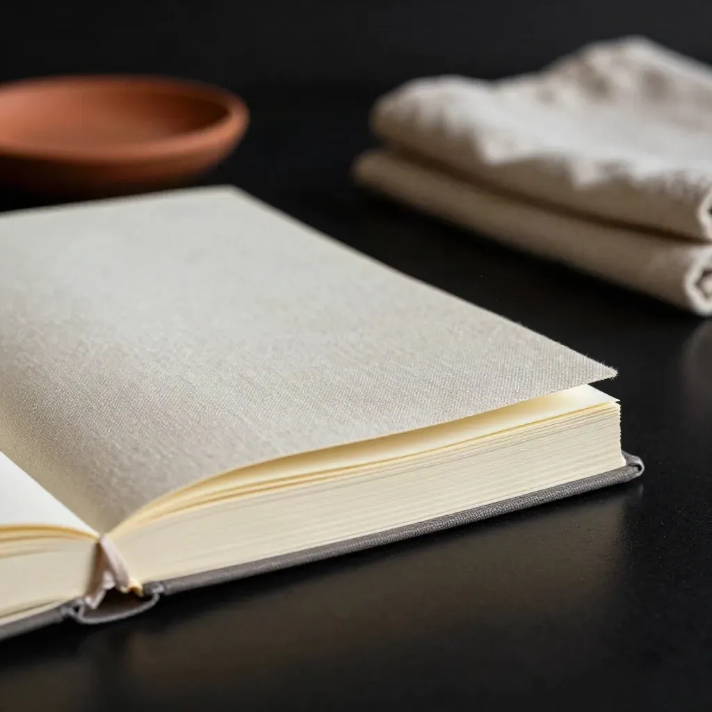 Krämvit bullet journal mot vikt linne på mörk yta i dramatisk studiobelysning.