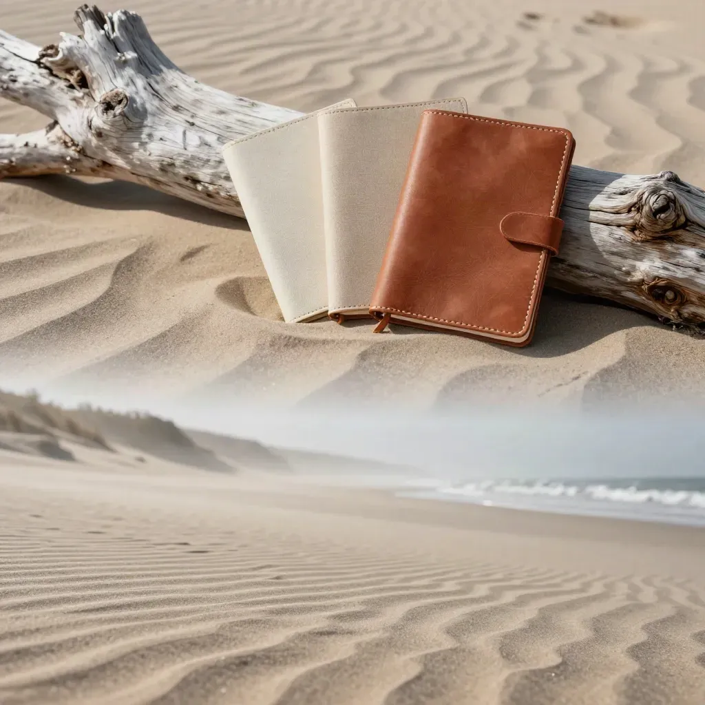 Vindriven sand med drivved och små anteckningsfodral högt i bilden vid kusten