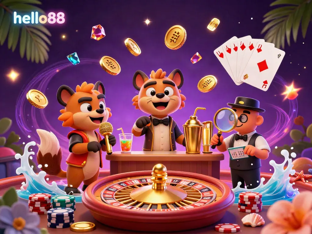 Experience thrilling gaming at hello88 casino with lively hyenas running a comedy club amidst cascading coins and prizes.