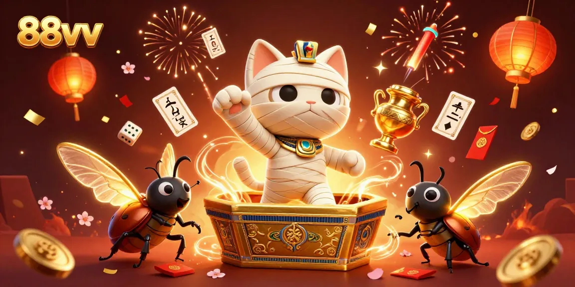 Experience the vibrant 88vv casino scene with a mummy cat and scarab amidst colorful gaming elements.
