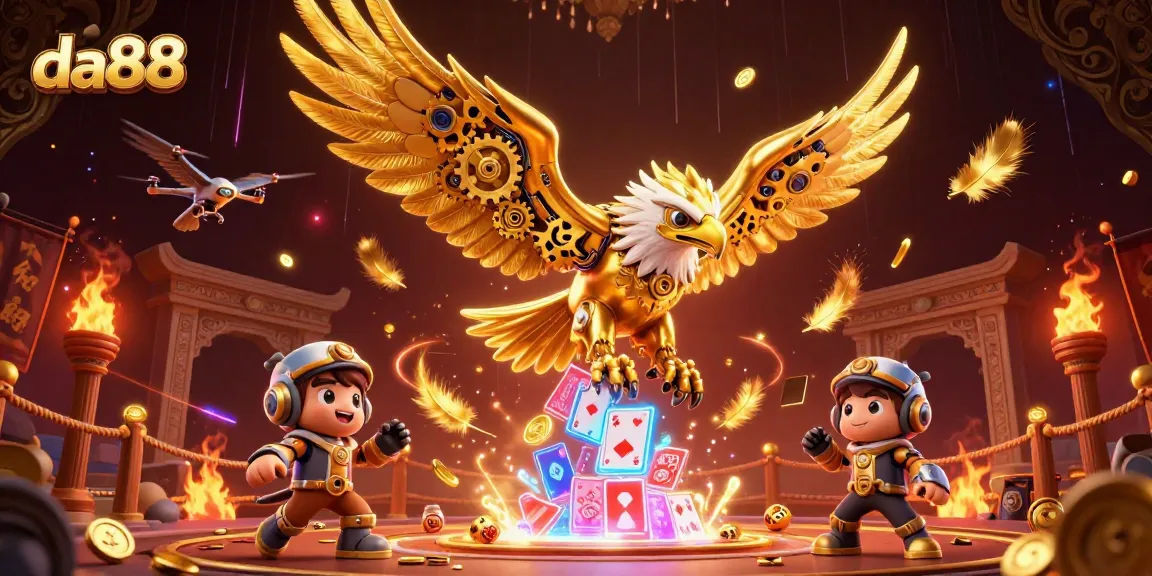 Experience thrilling gameplay at da88 with a cybernetic eagle diving through holographic cards!
