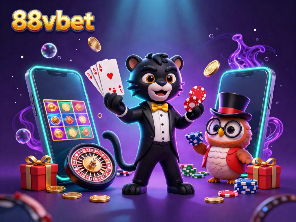 Experience gaming excitement at 88vbet with engaging characters and vibrant casino elements.