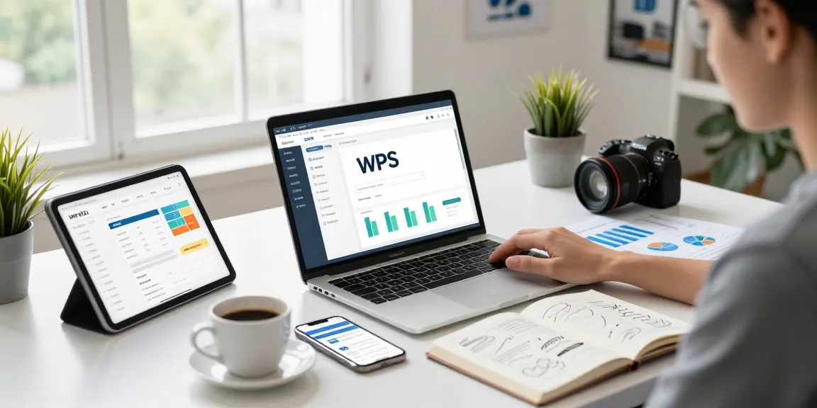 WPS Download in action with a professional using WPS Office software on a sleek laptop, surrounded by productivity tools and natural light.