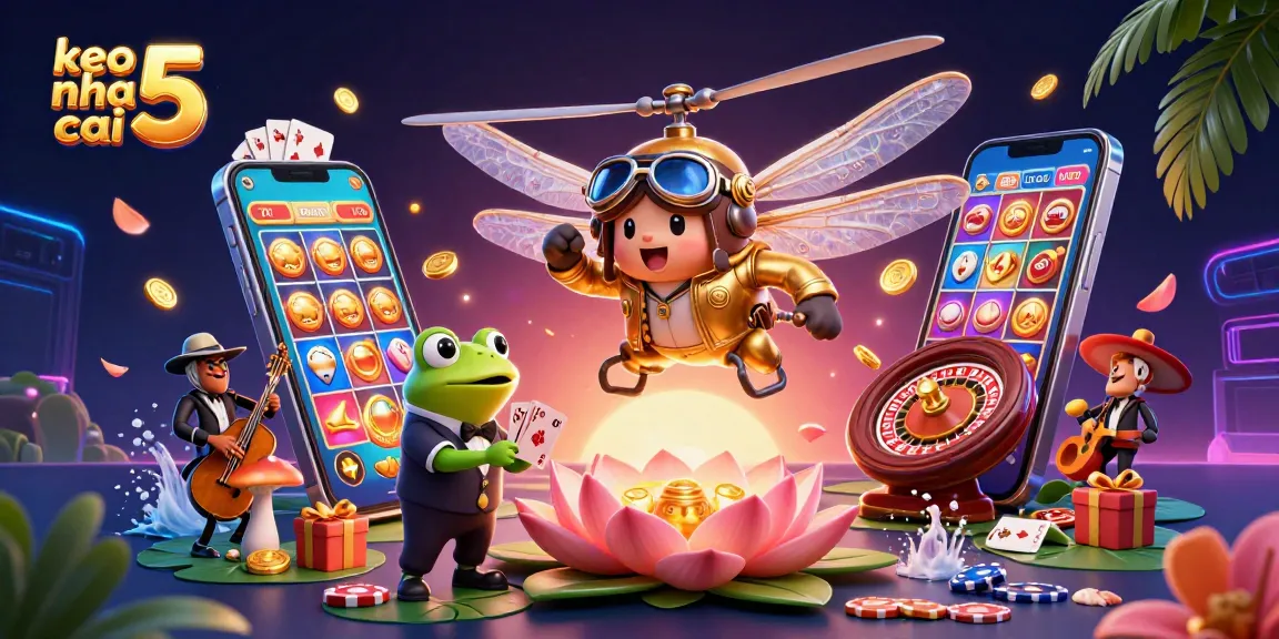 Engage with keo nha cai 5 in a vibrant casino-themed illustration showcasing dynamic characters and gambling elements.