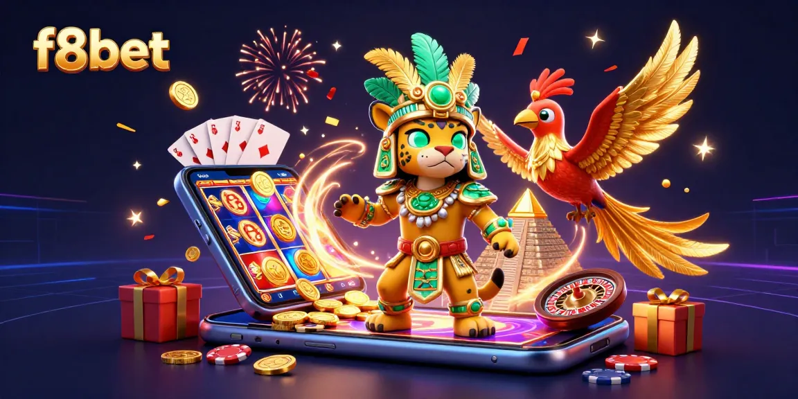 Experience the vibrant world of f8bet with a Mayan priest and casino games in a colorful scene.