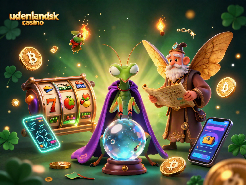 Engage with udenlandsk casino as a praying mantis fortune teller reveals winning strategies amidst vibrant gaming symbols.