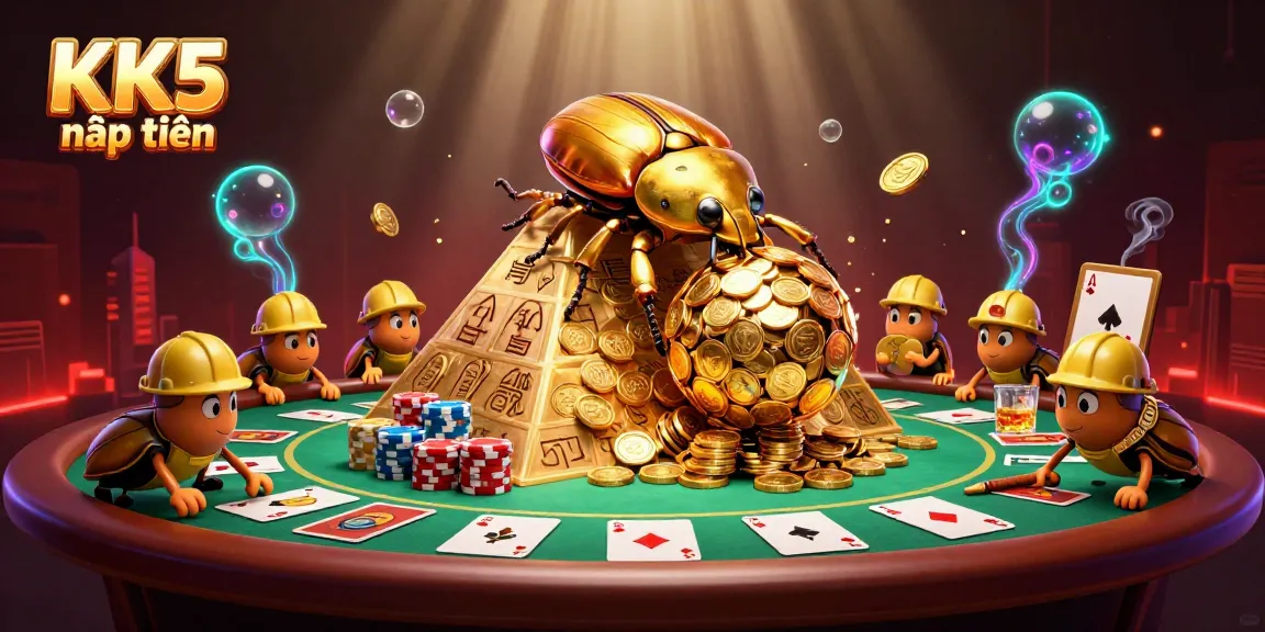Engage with KK5 nạp tiền through a vibrant casino scene showcasing colorful poker elements and dynamic beetle characters.