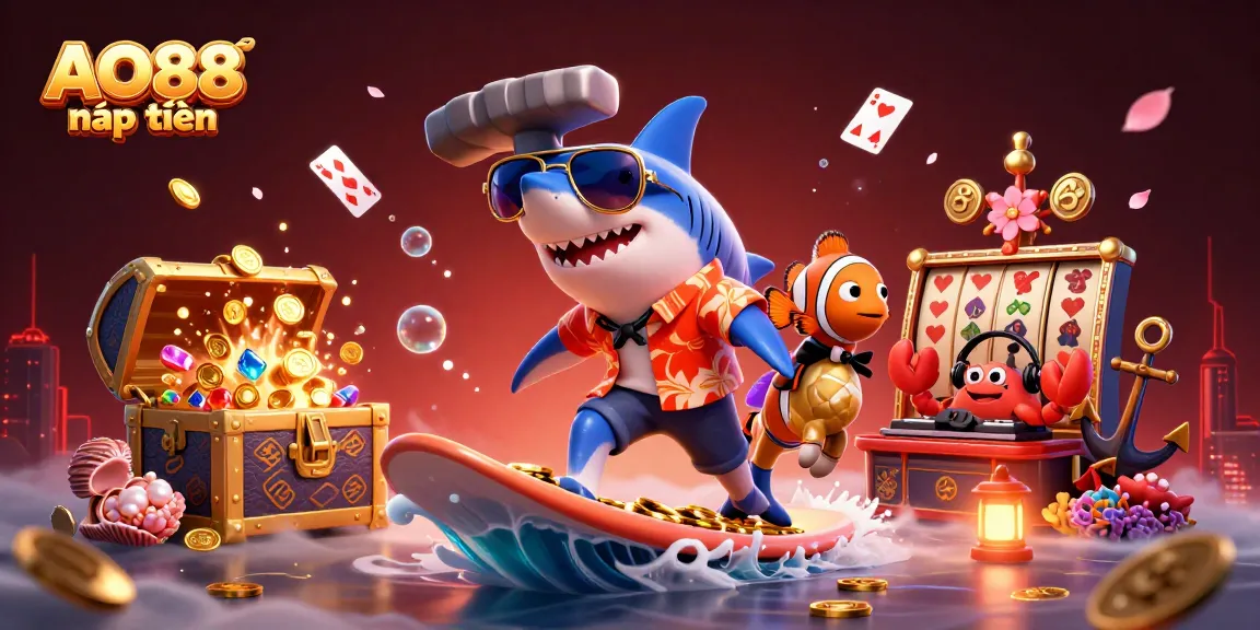 Experience AO88 nạp tiền with a dynamic 3D shark surfing on gold coins and casino elements.