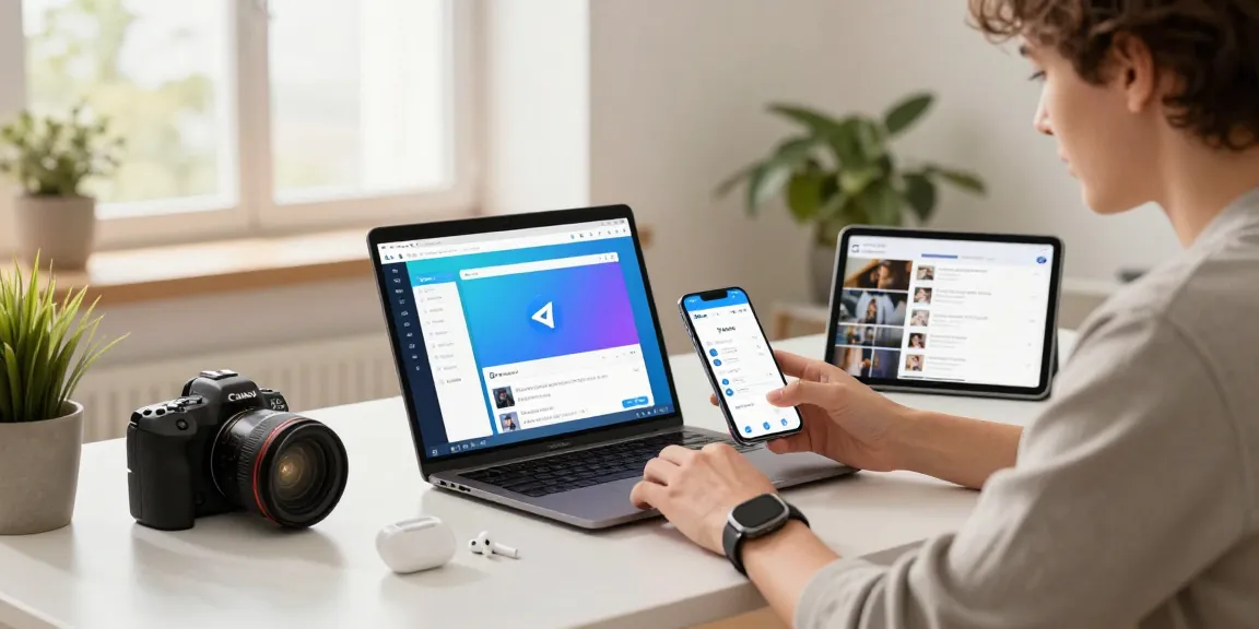 Download Telegram on various devices illustrating seamless communication in a modern workspace.