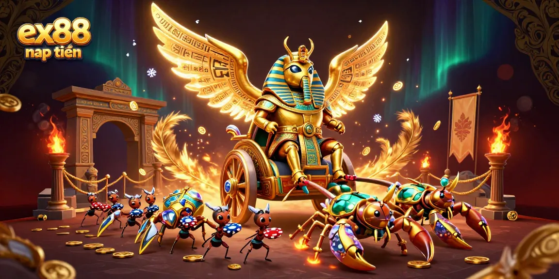 Engage in thrilling ex88 nạp tiền experiences with a vibrant scene of golden scarab beetles, scorpions, and poker chips.