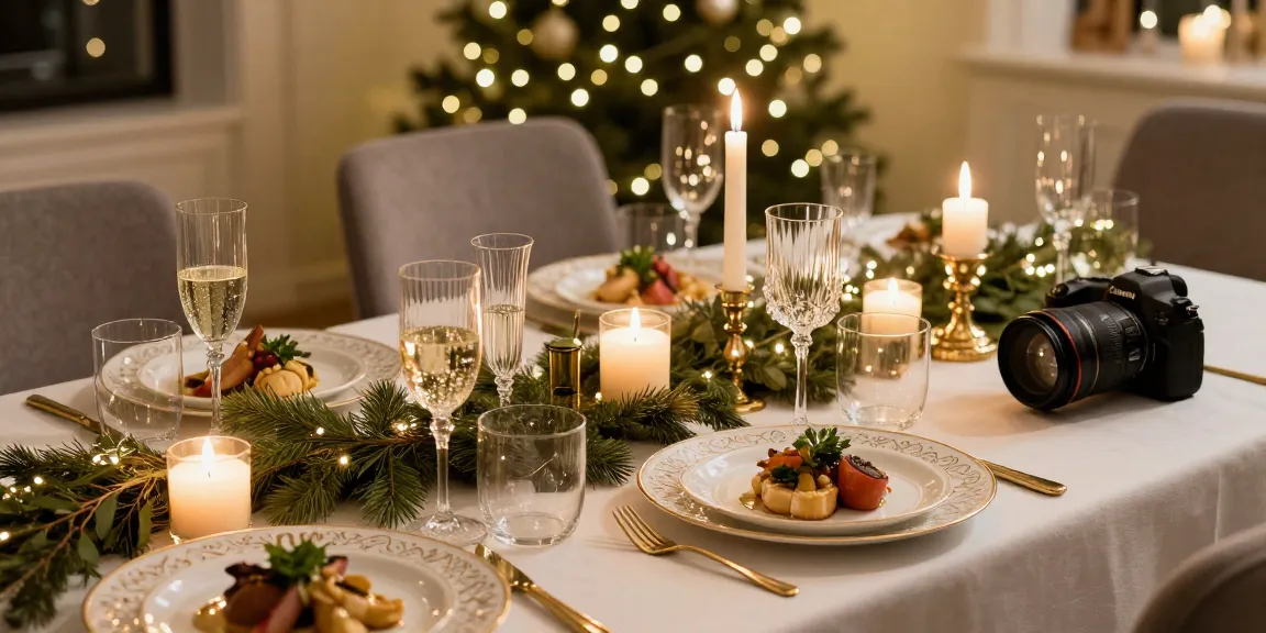 Exklusiv nyårsmeny på elegant dukat bord med festliga detaljer.