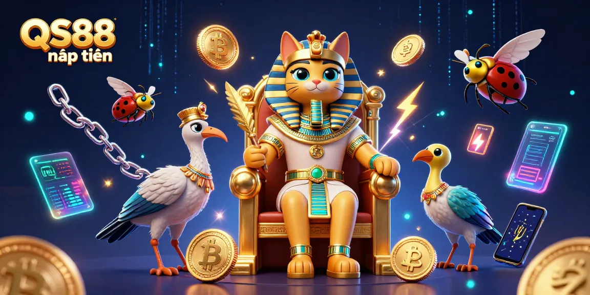 Engage with QS88 nạp tiền: A vibrant 3D illustration featuring an Egyptian theme amidst crypto elements.